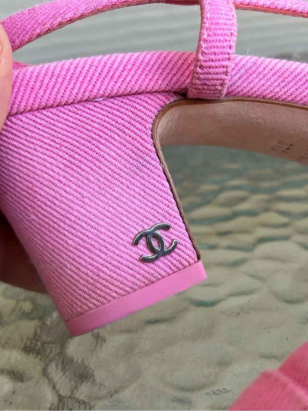 CHANEL Pink Denim CC Slingback Heels sz 37 US 6.5